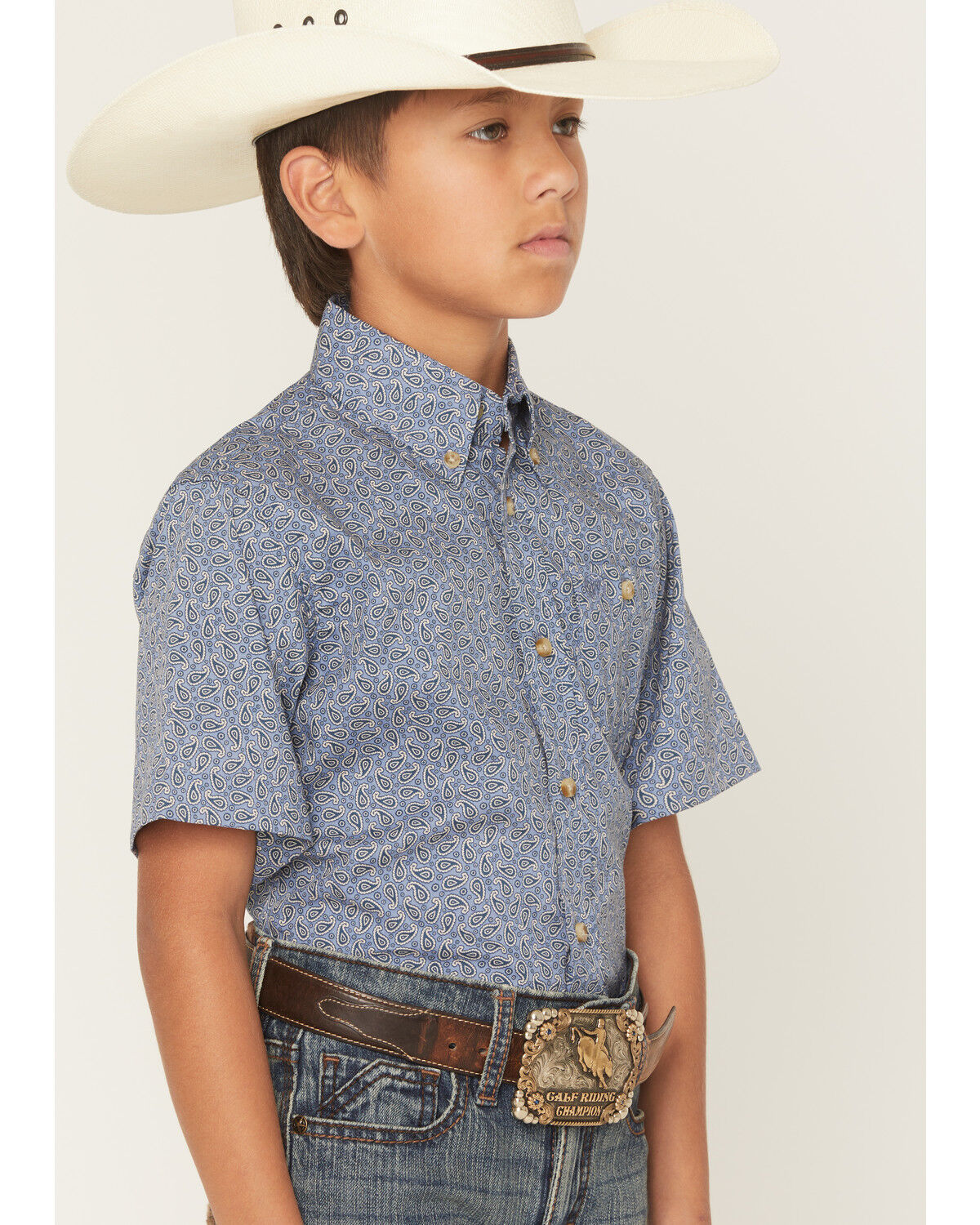 Image #2 - Wrangler Boys' Paisley Print Short Sleeve Button-Down Western Shirt, Blue, hi-res