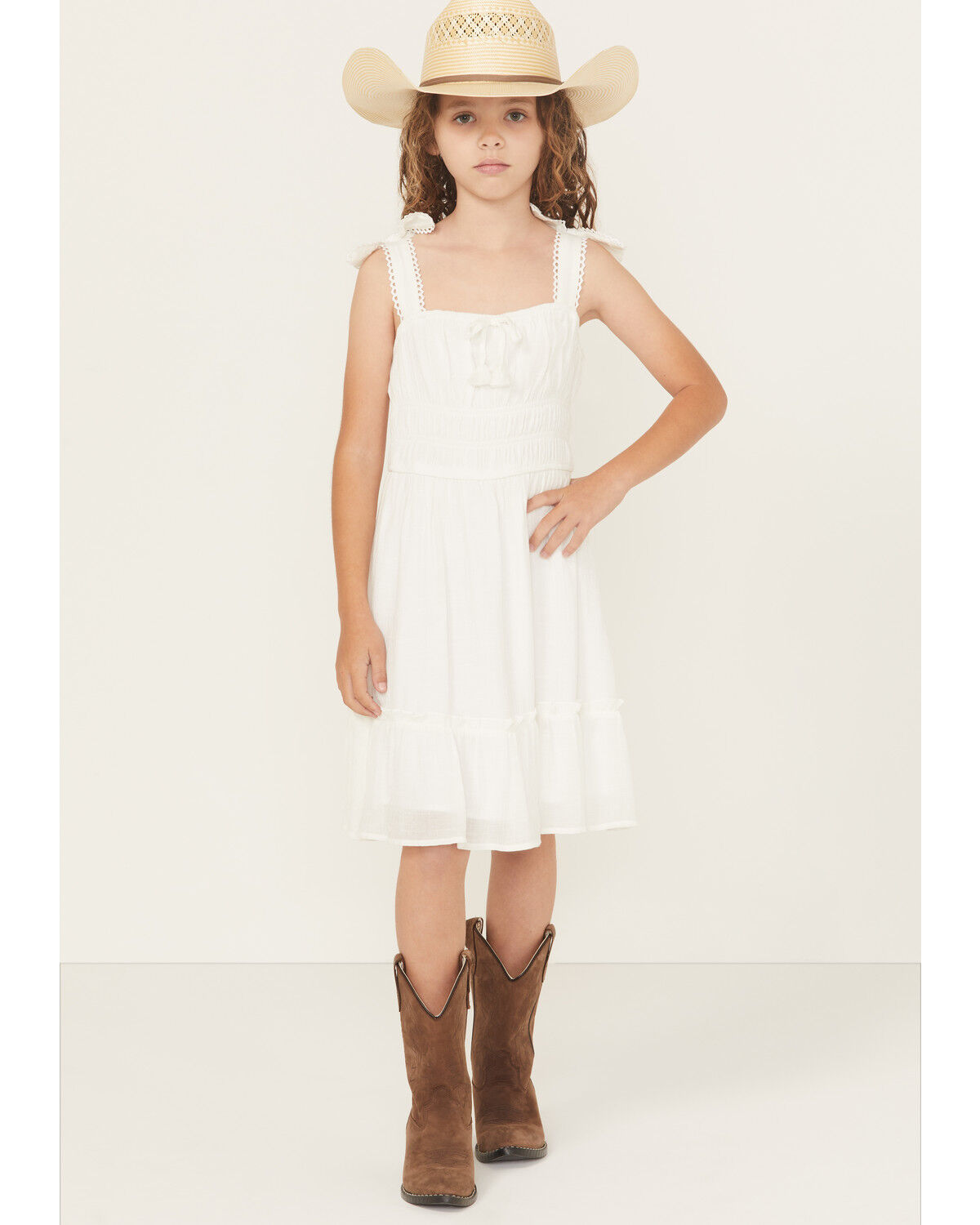 Image #1 - Ash & Violet Girls' Solid Bow Sleeve Dress, White, hi-res