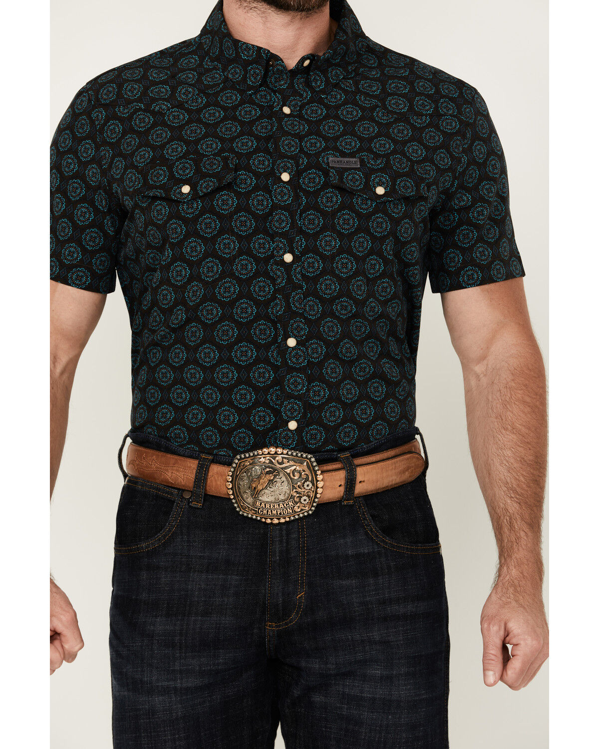 Image #3 - Panhandle Men's Medallion Print Short Sleeve Snap Stretch Western Shirt, Turquoise, hi-res