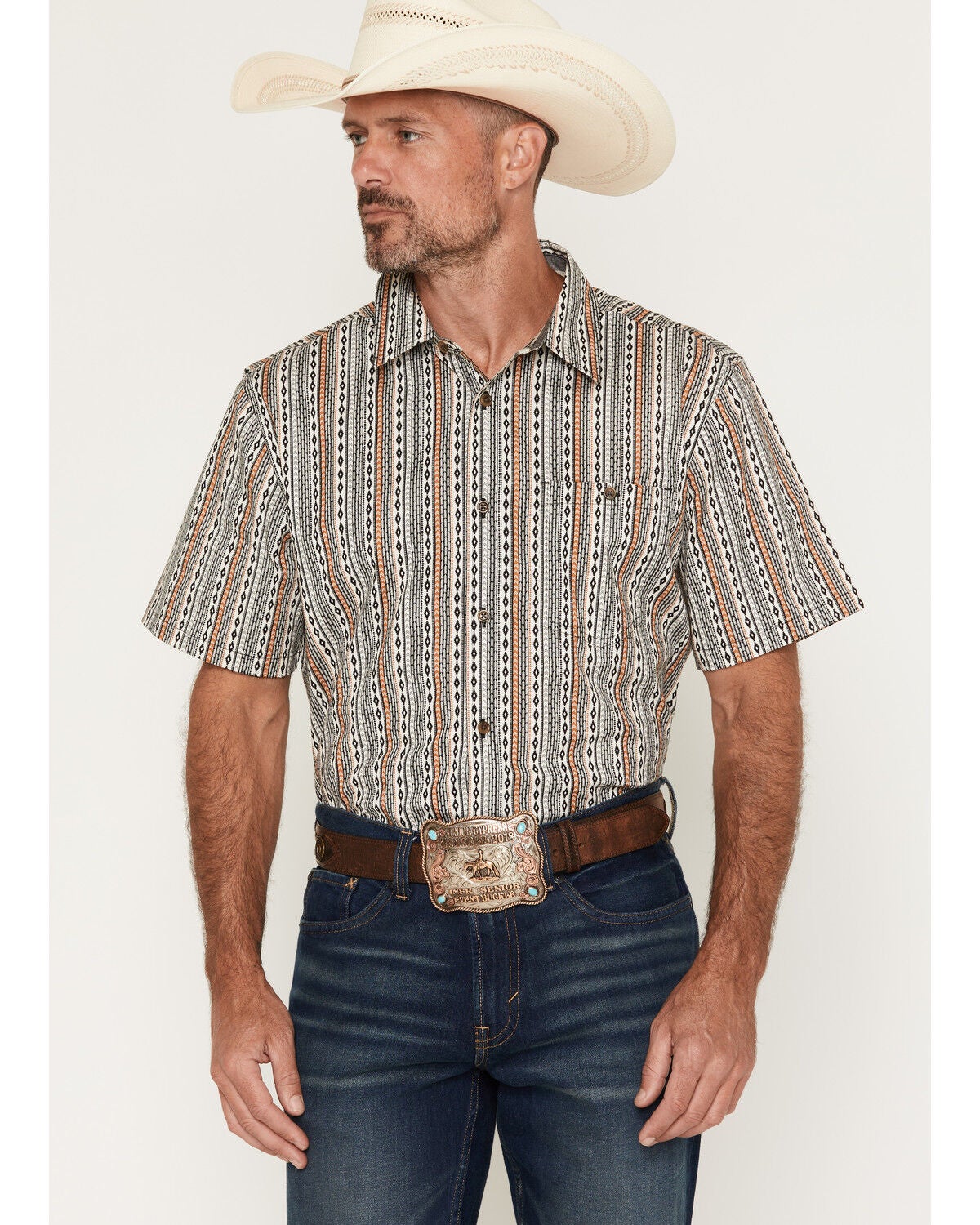 RANK 45&reg; Men's Dally Southwestern Striped Short Sleeve Button-Down Stretch Western Shirt, Black, hi-res