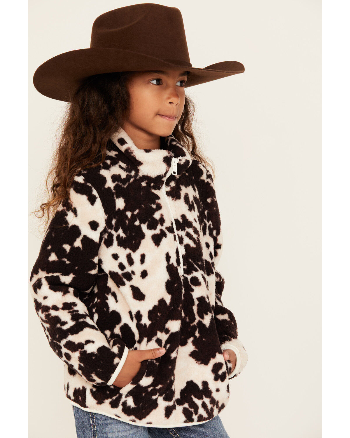 Image #2 - Wrangler Girls' Cow Print Sherpa Pullover, Brown, hi-res