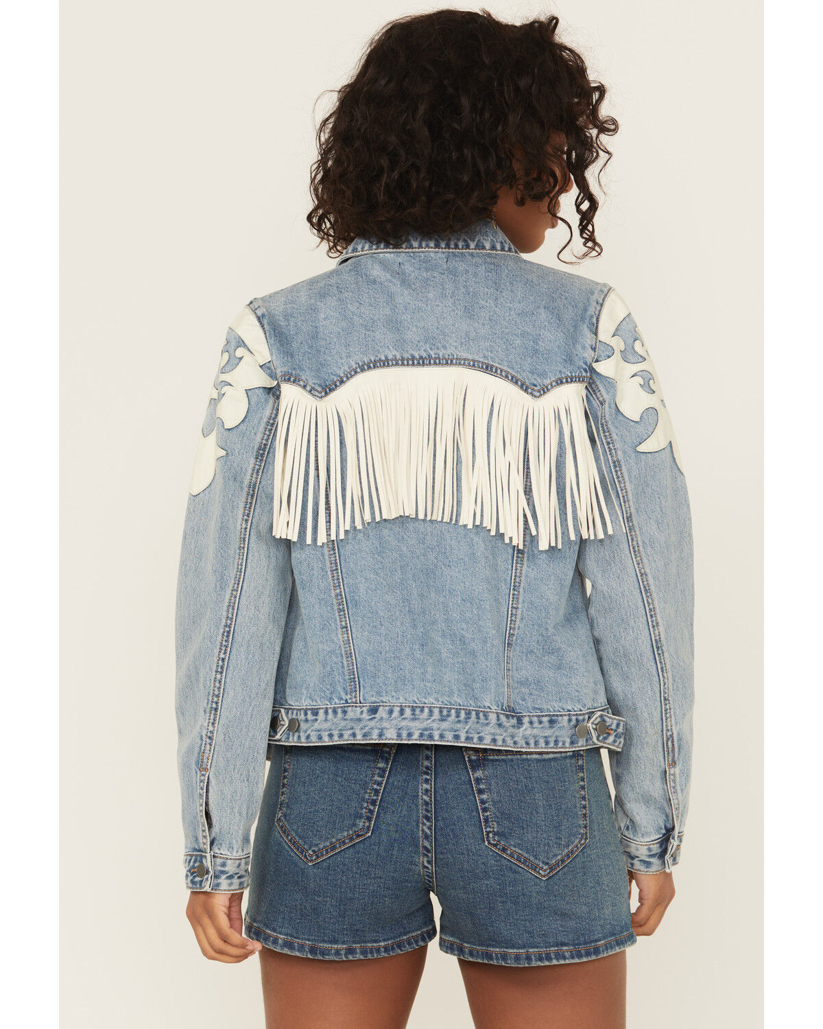 Image #4 - Rock & Roll Denim Women's Light Wash Pleather Fringe Denim Jacket, Light Wash, hi-res