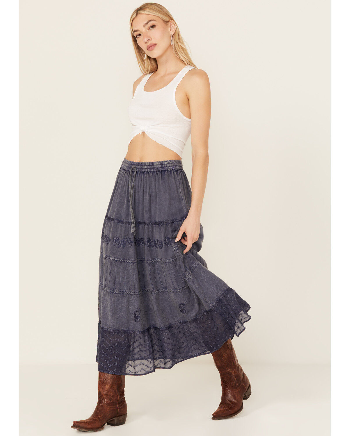 Image #1 - Gunit Women's Embroidered Midi Skirt, Navy, hi-res