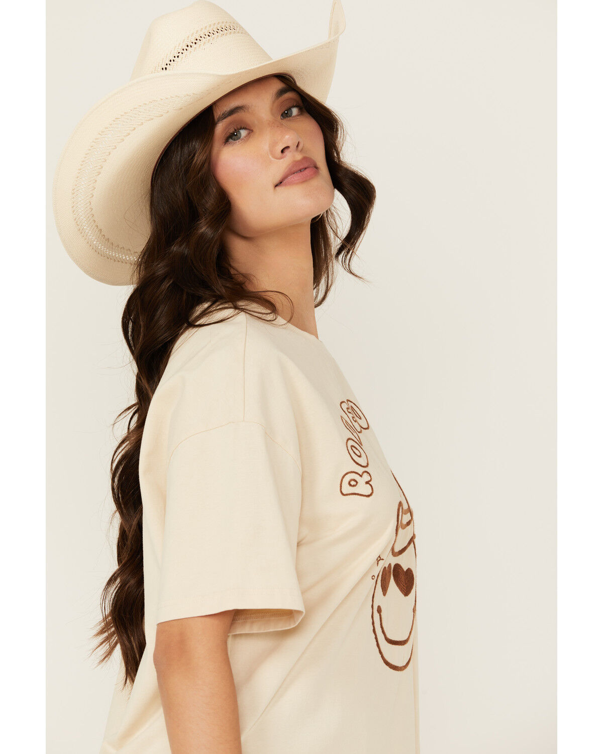 Image #2 - Blue B Women's Embroidered Smiley Rodeo Short Sleeve Graphic Tee, Cream, hi-res