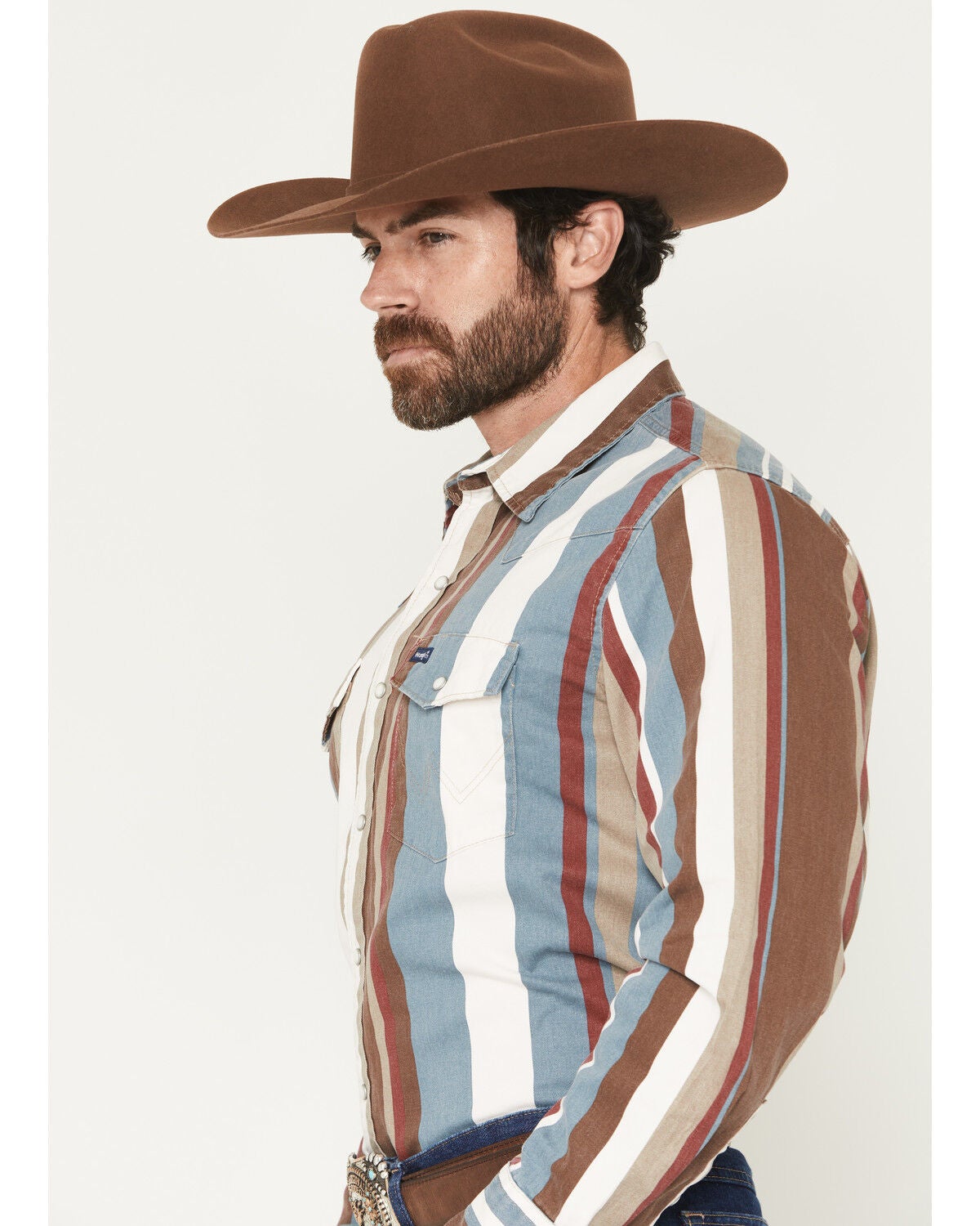 Image #2 - Wrangler Men's Brushpopper Denim Striped Long Sleeve Snap Western Shirt, Multi, hi-res