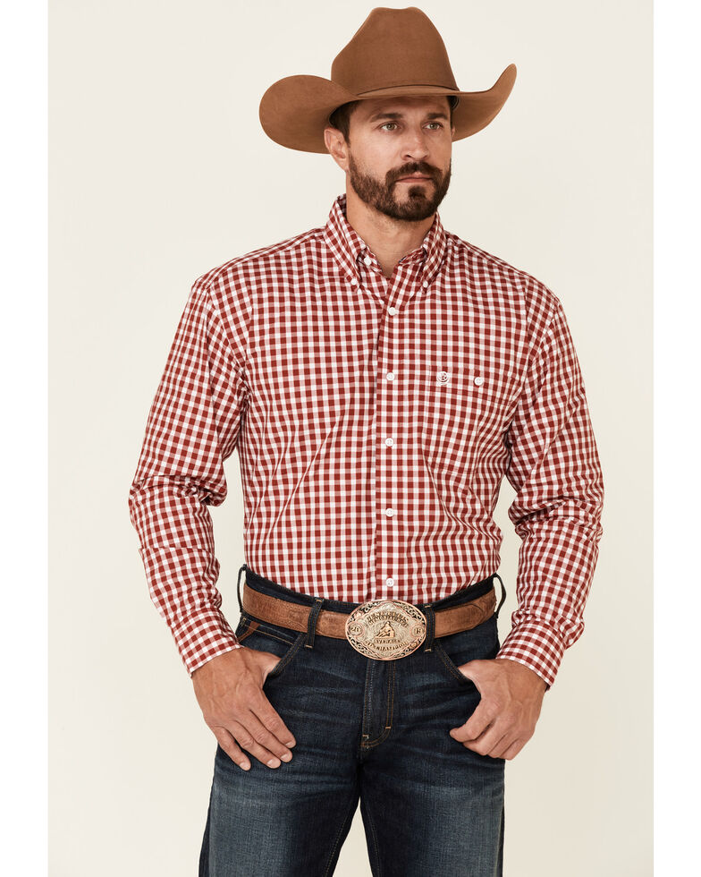 George Strait By Wrangler Men's Red Check Plaid Long Sleeve Button-Down Western Shirt , Red, hi-res