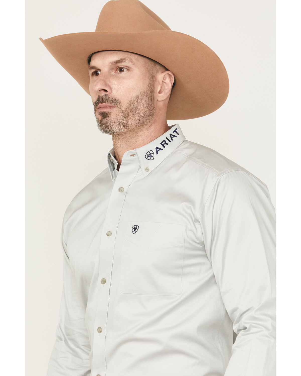 Image #2 - Ariat Men's Team Logo Twill Solid Long Sleeve Button-Down Western Shirt, Light Grey, hi-res
