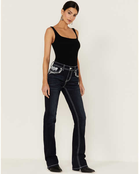 Image #1 - Grace in LA Women's Dark Wash Mid Leather Detail Pocket Bootcut Jeans, , hi-res