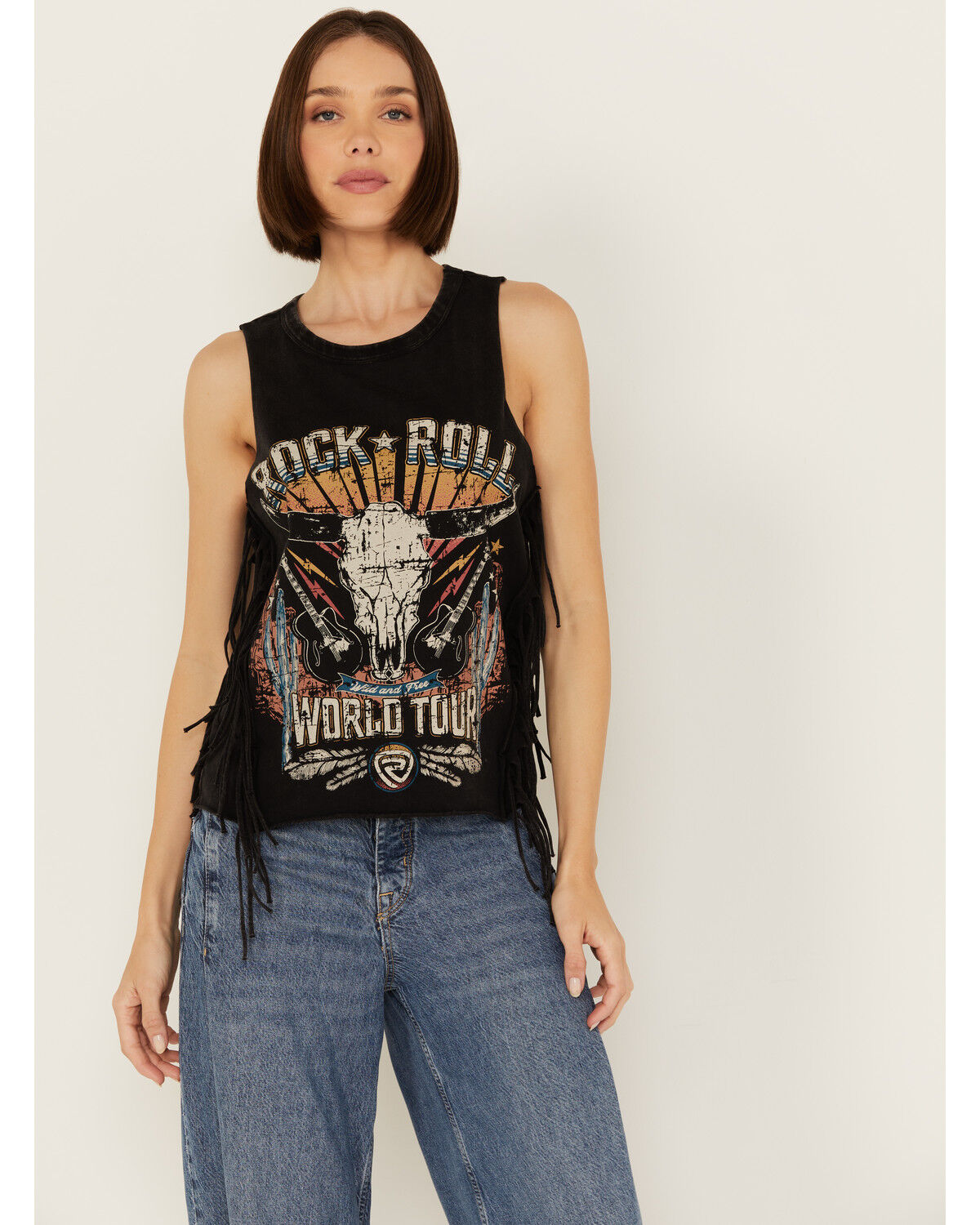 Image #1 - Rock & Roll Denim Women's Sleeveless Steer Head Fringe Tank, , hi-res