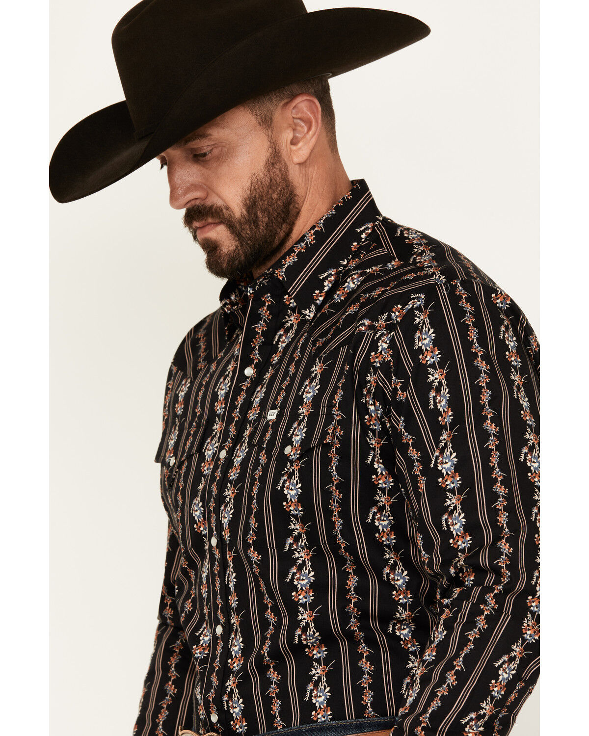Image #2 - Ely Walker Men's Floral Striped Long Sleeve Pearl Snap Western Shirt, Black, hi-res