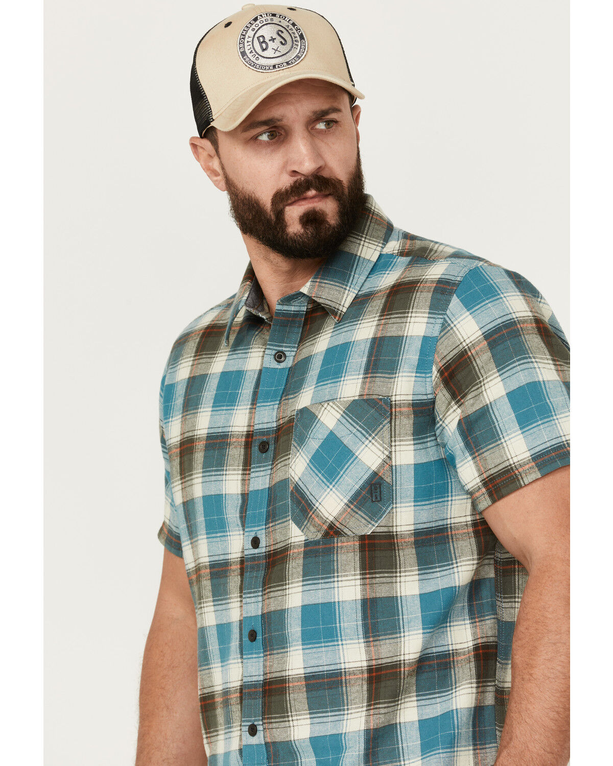 Image #2 - Brothers and Sons Men's Bonner Plaid Print Short Sleeve Button Down Western Shirt, Light Blue, hi-res