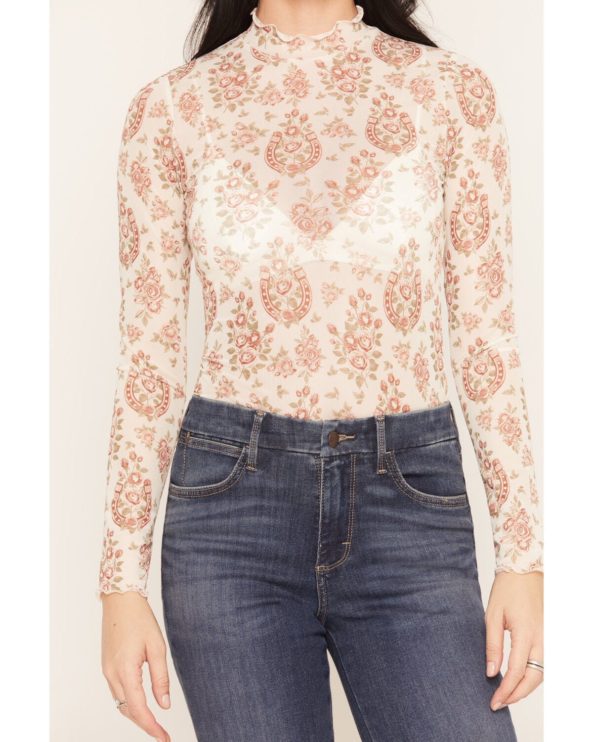 Image #3 - Wonderwest Women's Horseshoe Floral Print Long Sleeve Mesh Top, Cream, hi-res