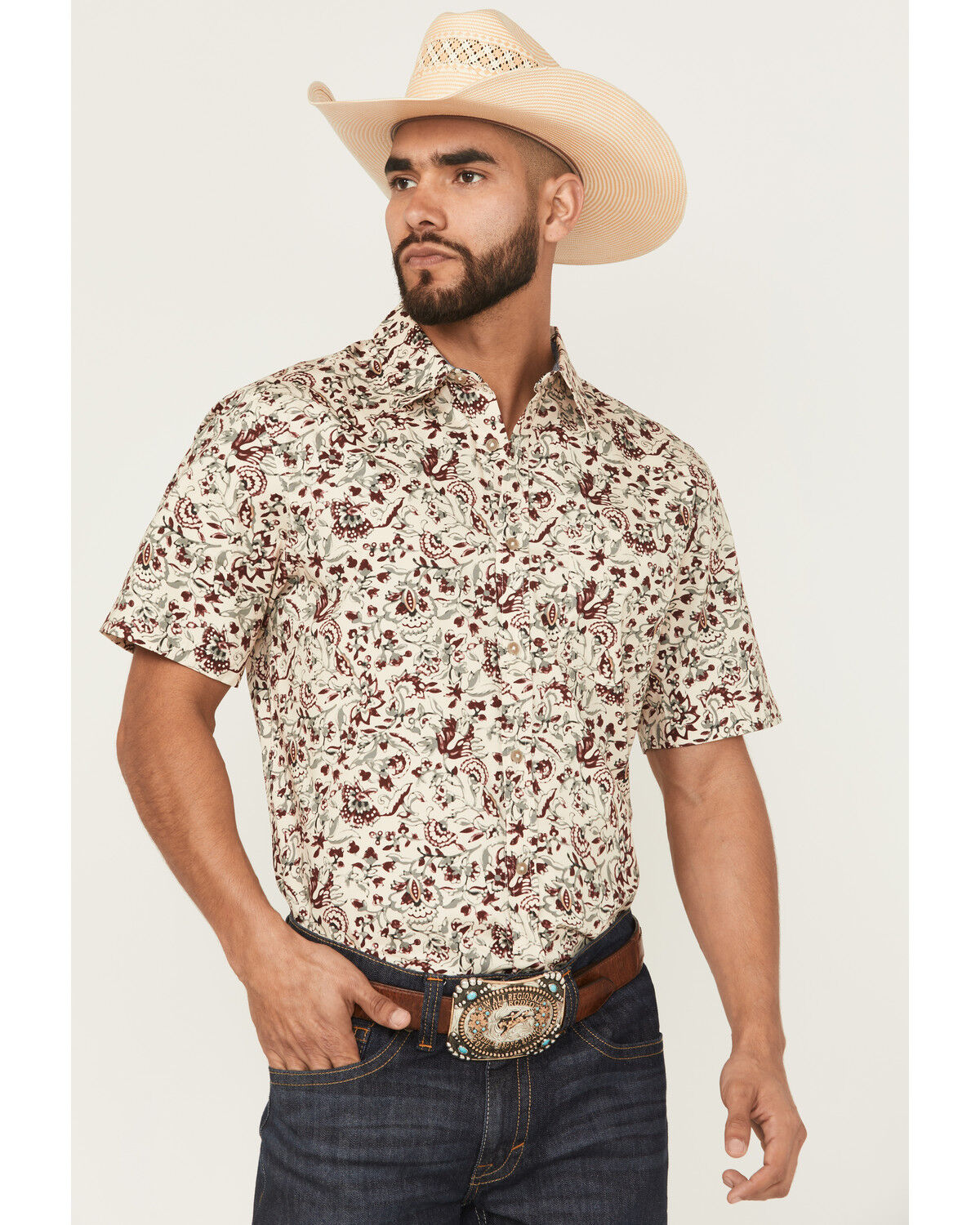 Image #1 - Cody James Men's Red River Floral Print Short Sleeve Button-Down Stretch Western Shirt, Tan, hi-res