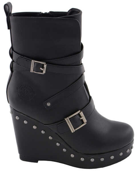 Image #3 - Milwaukee Leather Women's Triple Strap Wedge Boots - Round Toe, Black, hi-res