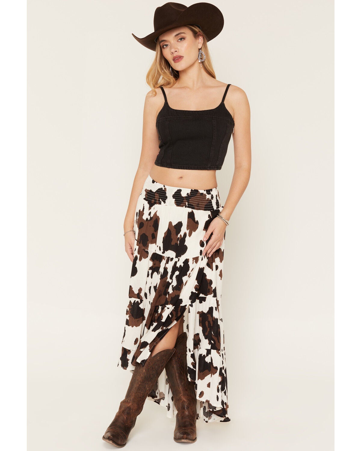 Image #1 - Wild Moss Women's Cow Print Tiered Front High Low Midi Skirt, Brown, hi-res