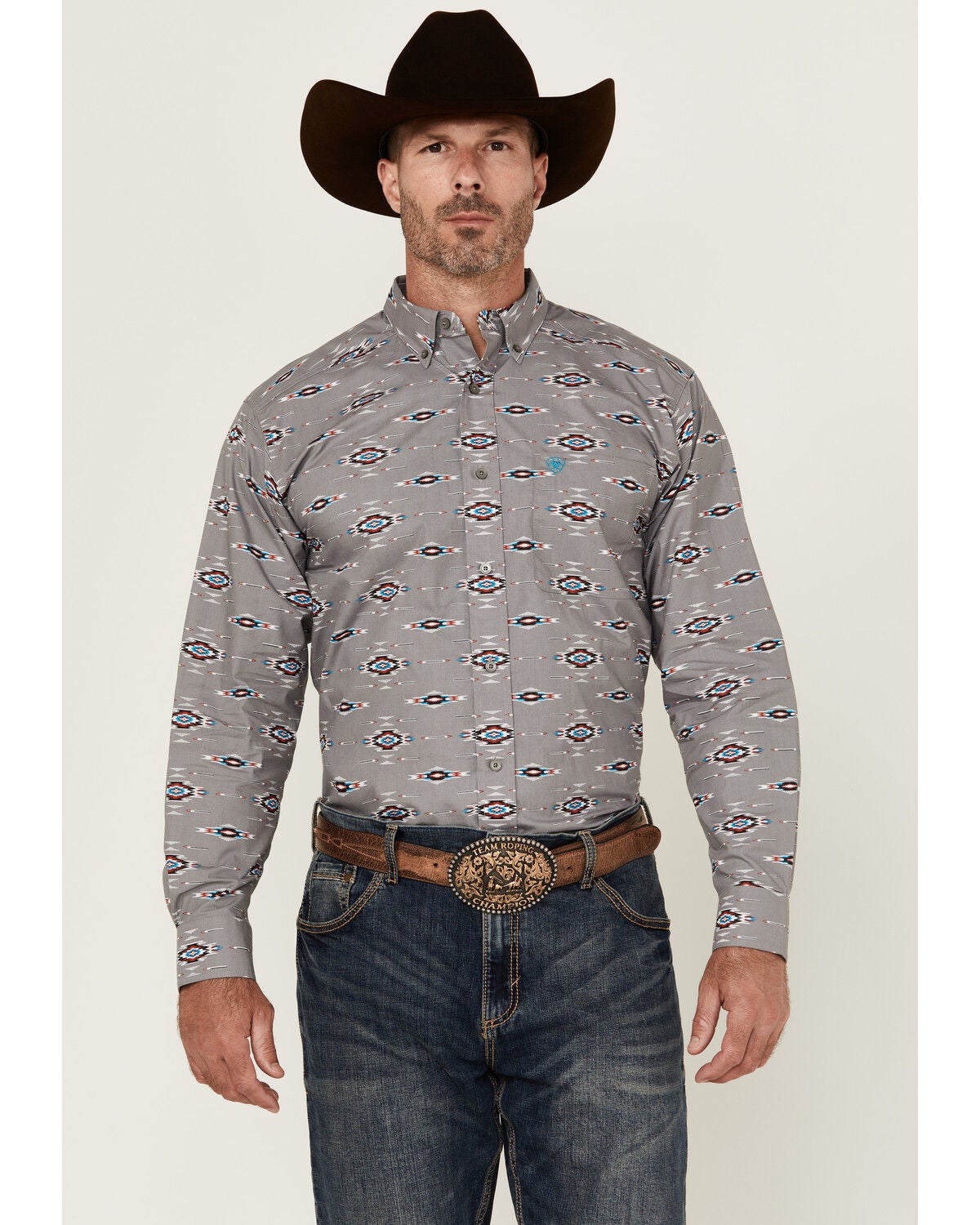 Ariat Men's Jarrod Southwestern Print Long Sleeve Button-Down Western Shirt, Grey, hi-res