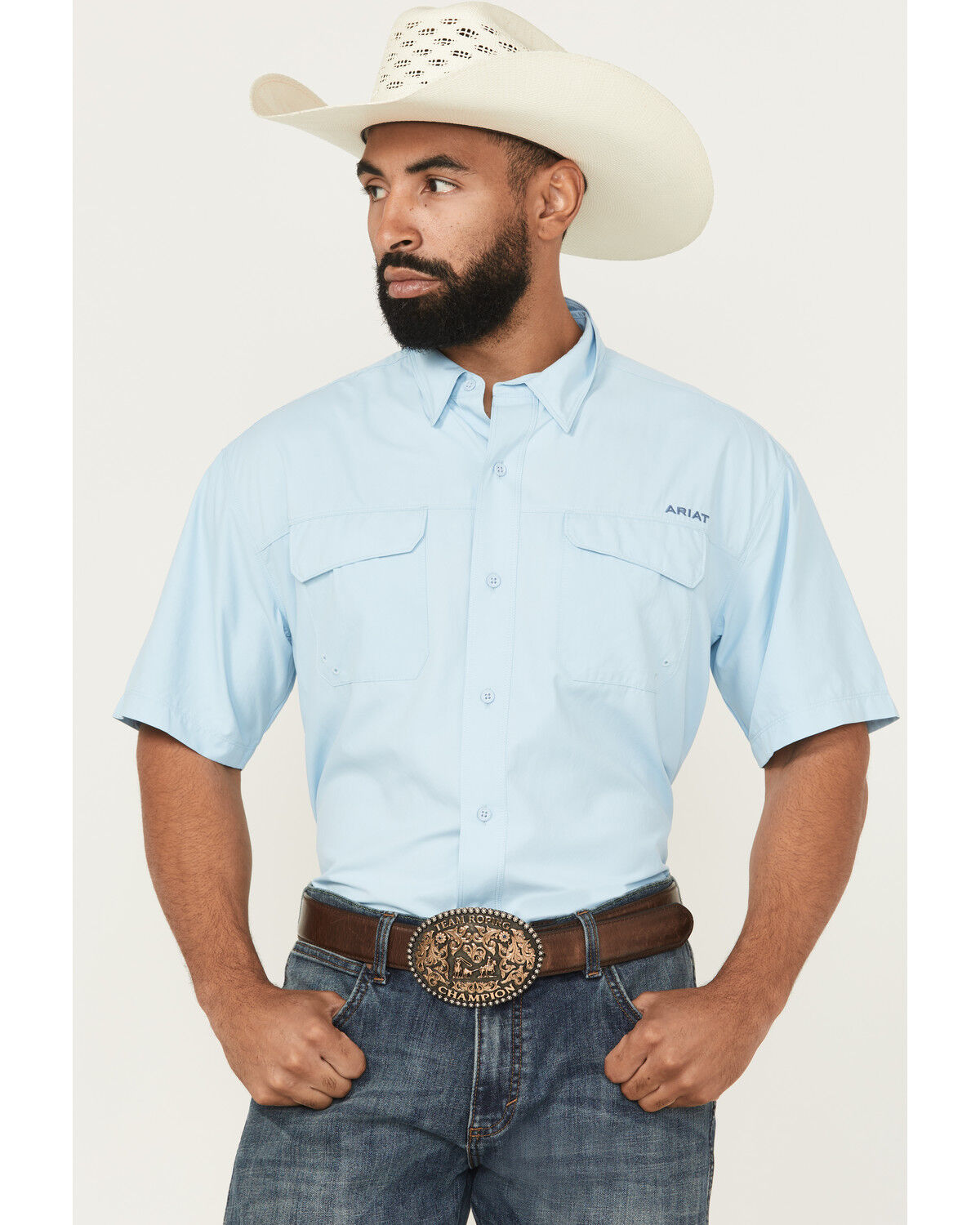 Image #1 - Ariat Men's VentTEK Solid Outbound Short Sleeve Button-Down Shirt - Tall, Light Blue, hi-res