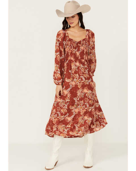 Image #2 - Jolt Women's Long Sleeve Floral Jacquard Chiffon Midi Dress, Rust Copper, hi-res