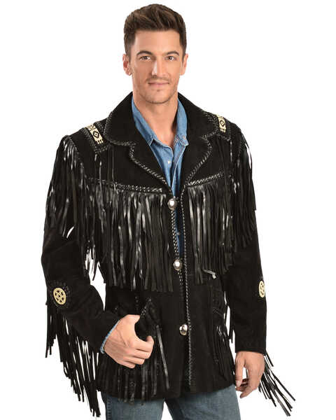 Image #1 - Scully Men's Fringed Suede Leather Coat - Tall, Black, hi-res