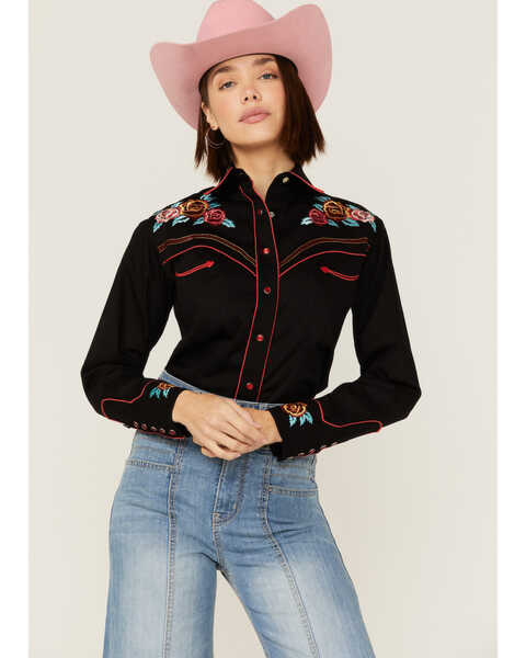 Rockmount Ranchwear Women's Vintage Rose Bouquet Embroidered Pearl Snap Western Shirt, Black, hi-res