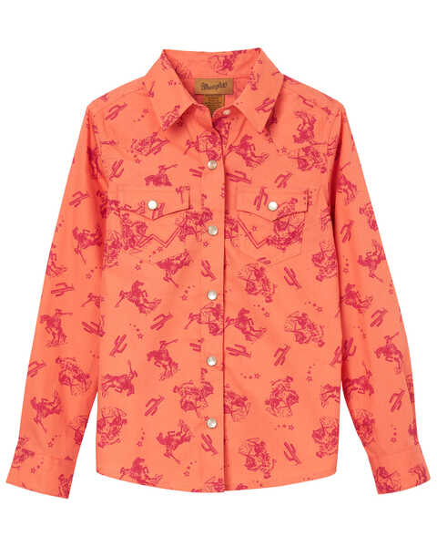 Wrangler Girls' Conversation Print Long Sleeve Pearl Snap Western Shirt , Orange, hi-res