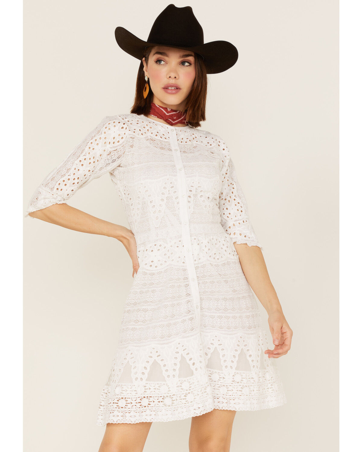 Image #1 - Maia Bergman Women's Vera Eyelet Lace Long Sleeve Mini Dress, White, hi-res