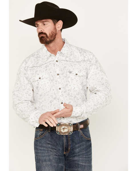 Image #1 - Cowboy Hardware Men's Roman Paisley Print Long Sleeve Western Snap Shirt, White, hi-res