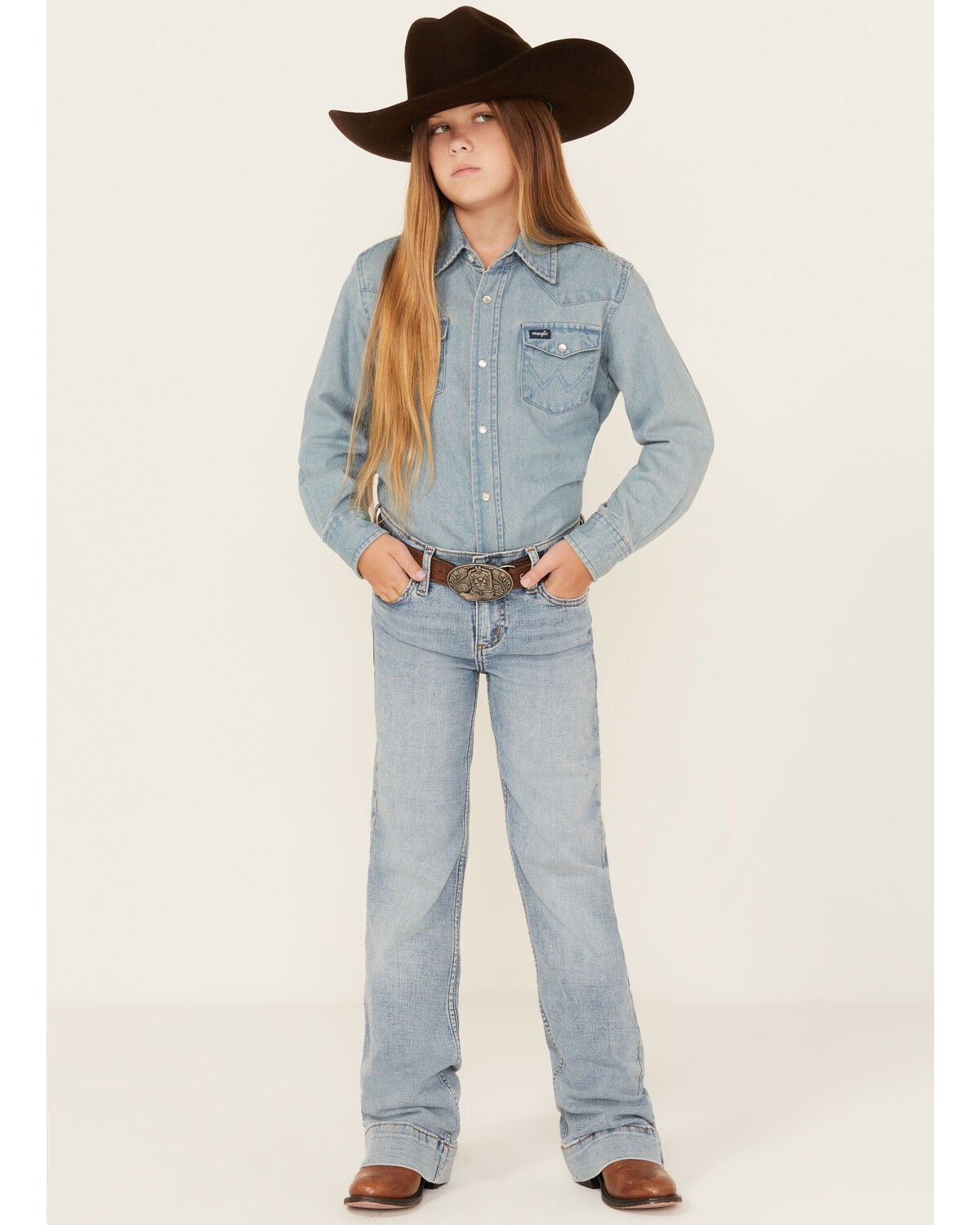 Wrangler Girls' Light Wash Trouser Denim Jeans, Blue, hi-res