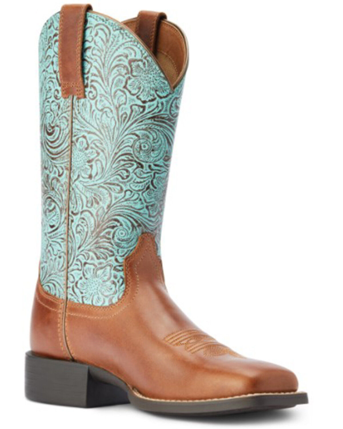 Image #1 - Ariat Women's Round Up Embossed Floral Print Performance Western Boots - Broad Square Toe, Brown, hi-res