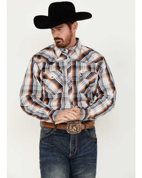 Image #1 - Cowboy Hardware Men's Hermosillo Gradient Plaid Print Long Sleeve Pearl Snap Western Shirt  - Tall , Navy, hi-res