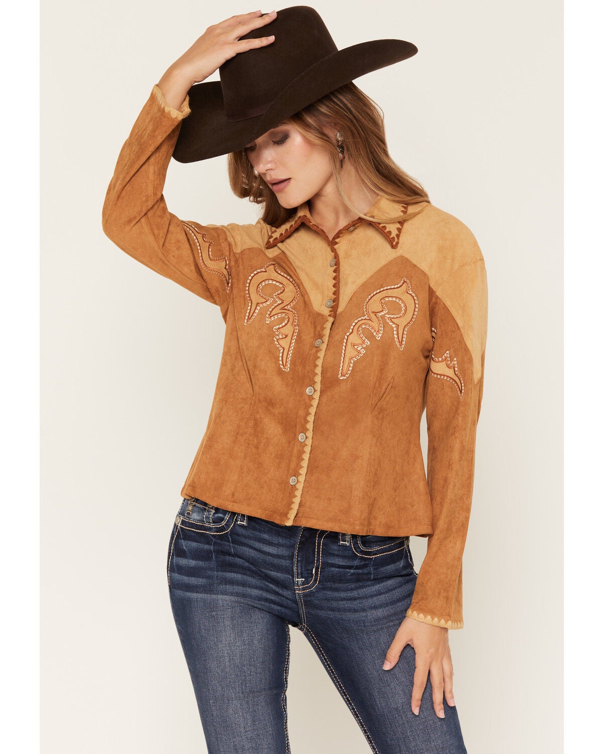 Miss Me Women's Faux Suede Long Sleeve Button-Down Western Shirt, Camel, hi-res