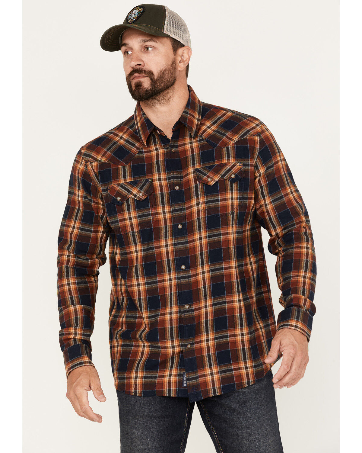 Image #1 - Moonshine Spirit Men's Rusted Still Plaid Print Snap Western Flannel Shirt, Navy, hi-res