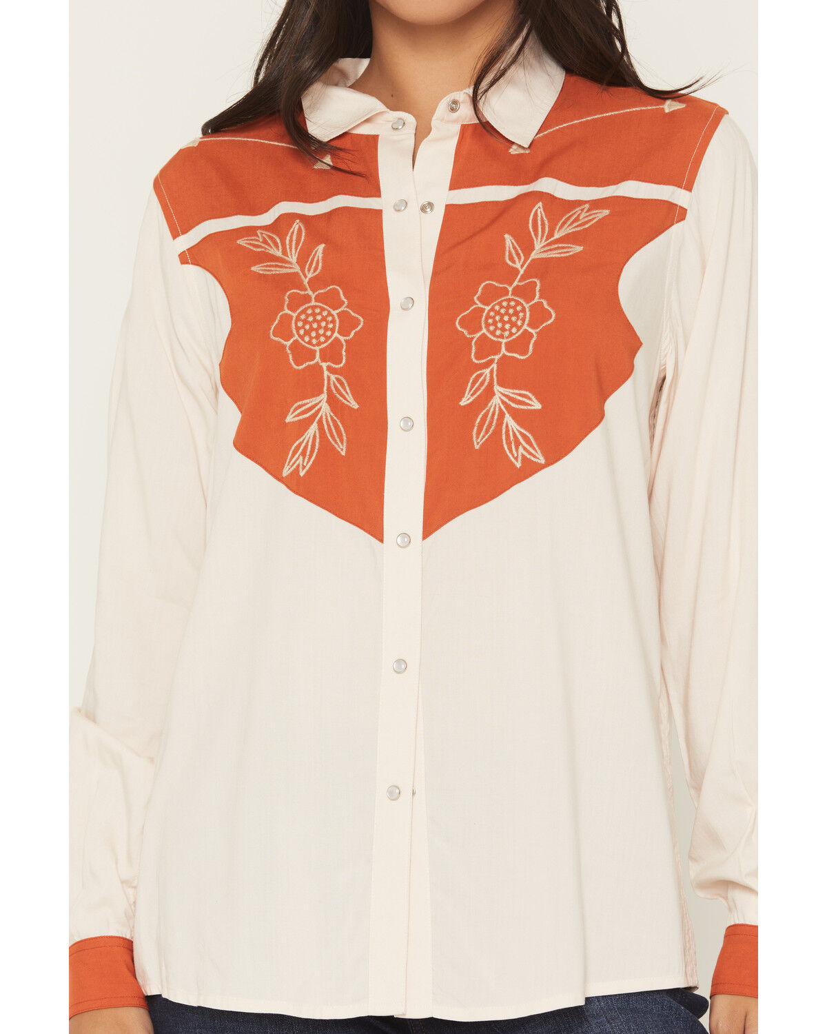 Image #3 - Panhandle Slim Women's Floral Embroidery Long Sleeve Snap Western Shirt, Beige, hi-res