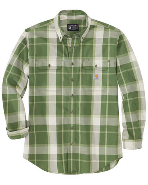Carhartt Men's FR Forced Rugged Flex® Loose Fit Twill Plaid Print Long Sleeve Button-Down Work Shirt , Green/brown, hi-res