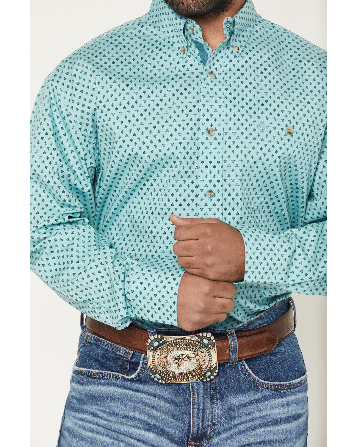 Image #3 - George Strait by Wrangler Men's Geo Print Long Sleeve Button-Down Stretch Western Shirt, Aqua, hi-res