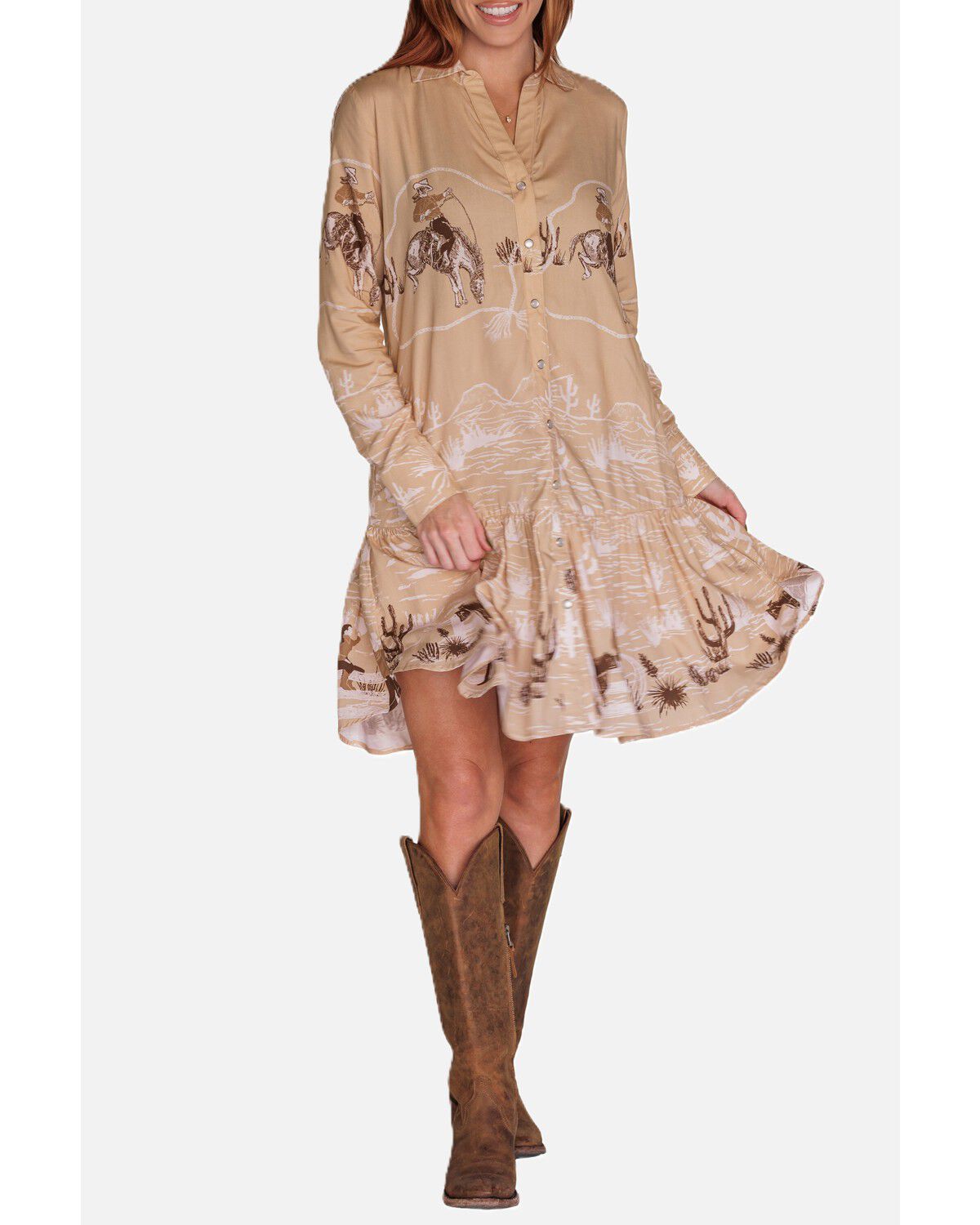 Image #1 - Lovlei Ranch Women's Dakota Cowboy Up Snap Front Mini Dress, Tan, hi-res