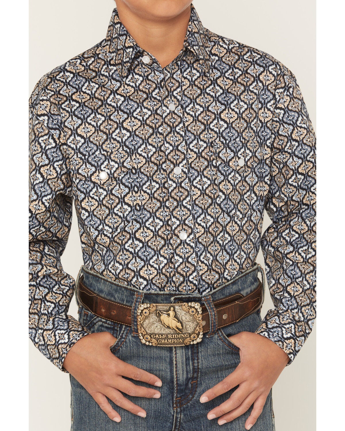 Image #3 - Panhandle Slim Boys' Geo Print Long Sleeve Snap Stretch Western Shirt, Navy, hi-res