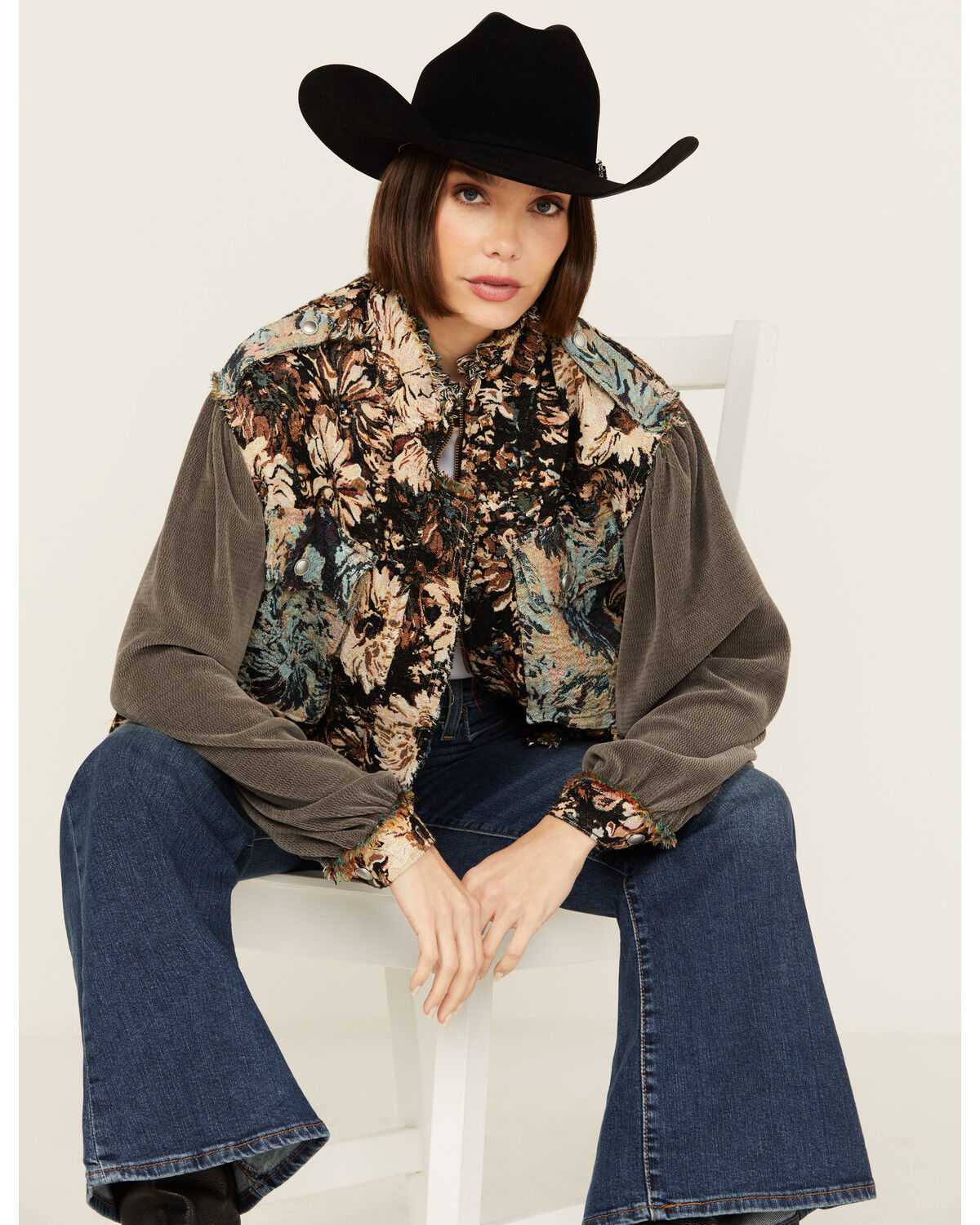 Image #1 - POL Women's Floral Long Sleeve Shacket, Black, hi-res
