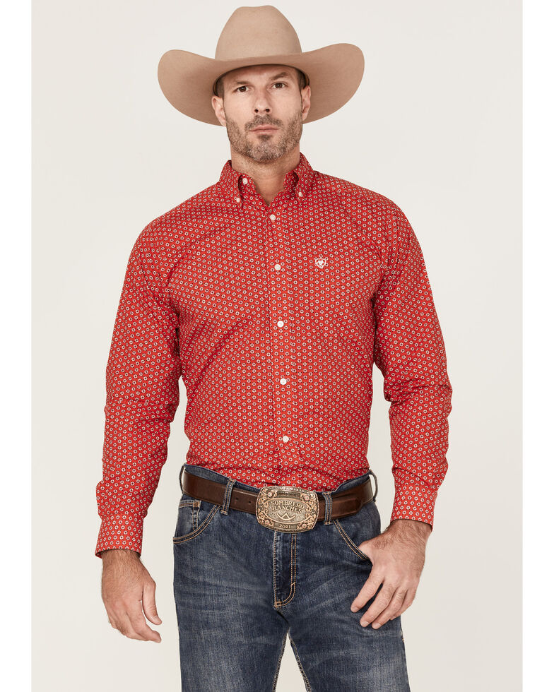 Ariat Men's Felton Geo Print Long Sleeve Button-Down Western Shirt , Red, hi-res