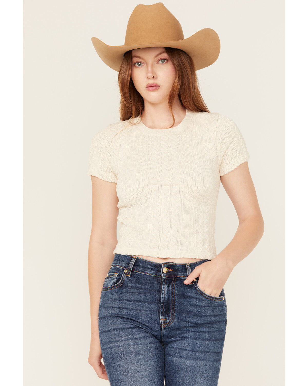 Image #1 - Evergreen Women's Cable Rib Short Sleeve Top, Tan, hi-res