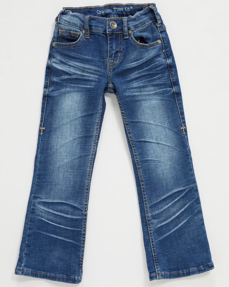 Cowgirl Tuff Girls' Old West Cowprint Bucking Horse Pocket Stretch Bootcut Jeans , Blue, hi-res