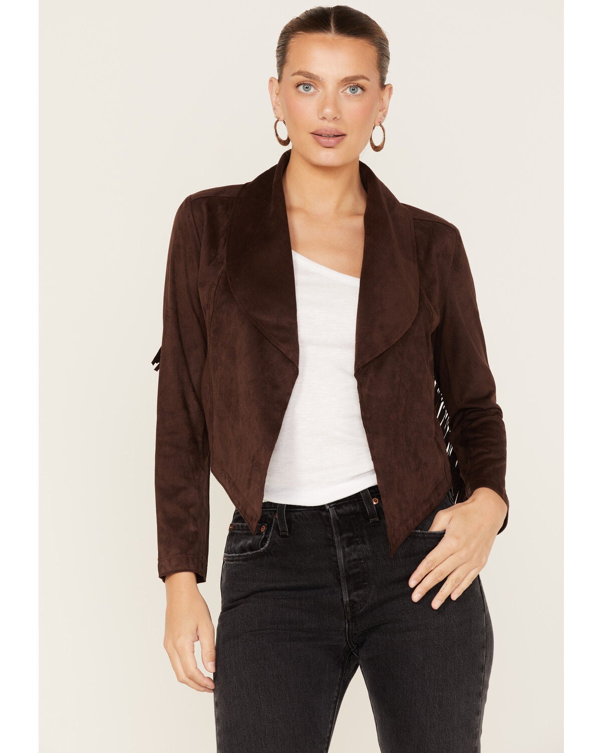 Shyanne Women's Fringe Faux Suede Jacket, Chocolate, hi-res