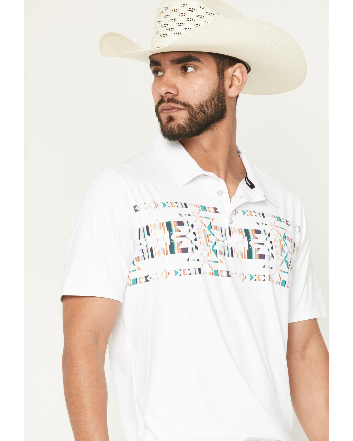 Image #2 - Hooey Men's The Weekender Southwestern Border Print Short Sleeve Polo Shirt, White, hi-res