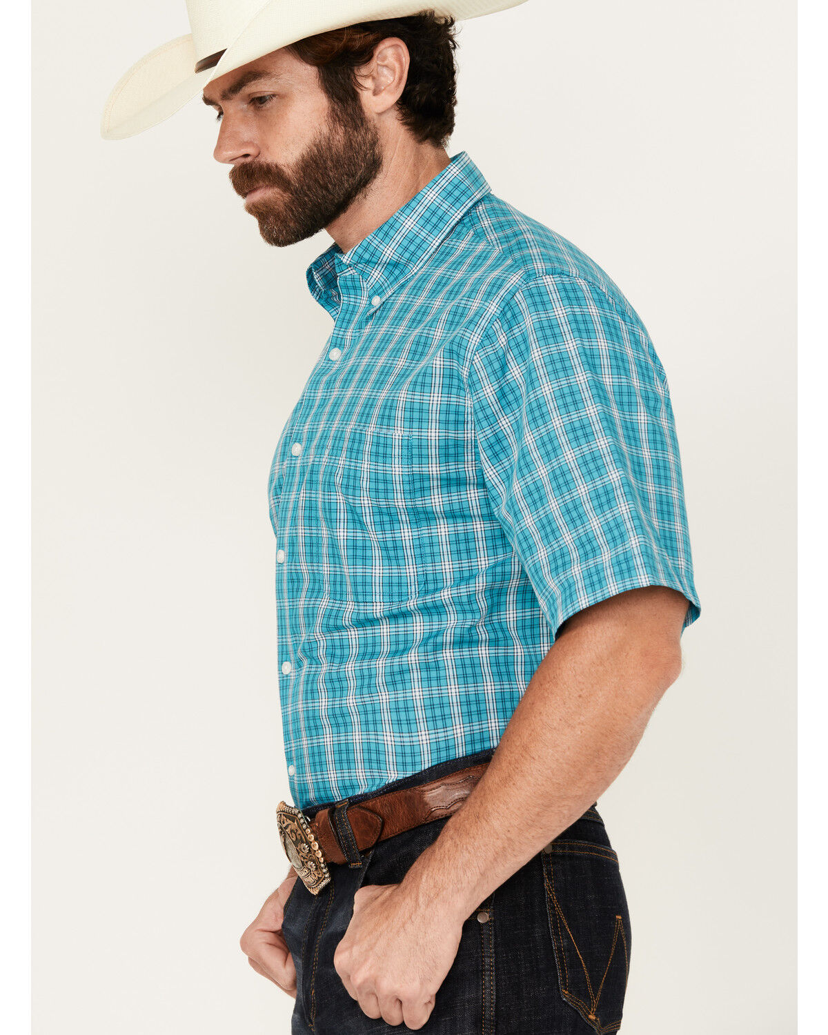 Image #2 - Wrangler Riata Men's Boot Barn Exclusive Assorted Plaid Print Short Sleeve Button-Down Stretch Western Shirt, Multi, hi-res