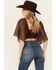 Image #4 - Shyanne Women's Embroidered Swiss Dot Mesh Short Sleeve Top, Dark Brown, hi-res