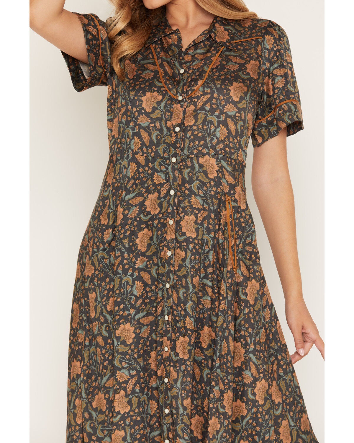 Image #3 - Sendero Provisions Women's La Dahlia Floral Print Short Sleeve Snap Midi Dress, Rust Copper, hi-res