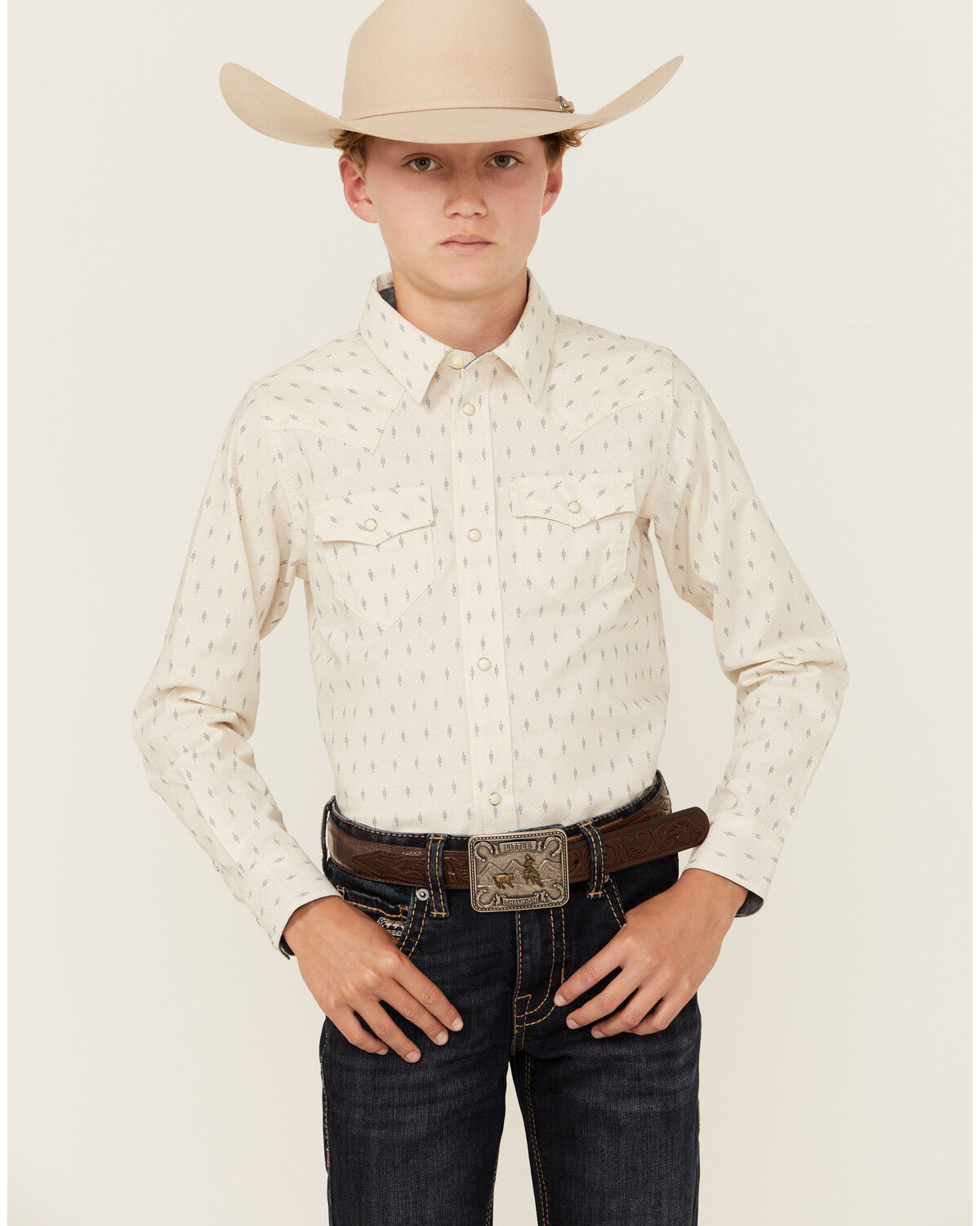 Image #1 - Cody James Boys' Mirage Geo Print Long Sleeve Snap Western Shirt, Cream, hi-res