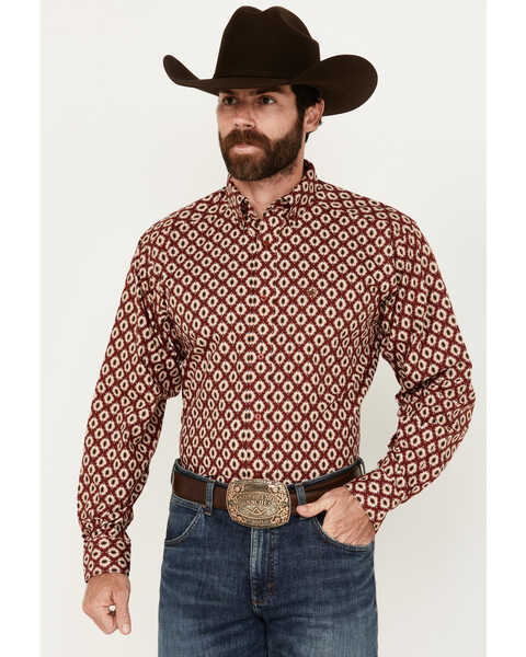 Image #1 - Ariat Men's Nevil Southwestern Print Long Sleeve Button-Down Shirt - Tall , Wine, hi-res