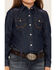 Wrangler Girls' Dark Wash Embroidered Long Sleeve Western Denim Snap Shirt, Blue, hi-res