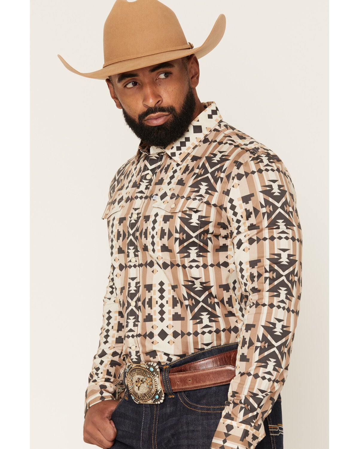 Image #2 - Panhandle Slim Men's Southwestern Print Long Sleeve Snap Stretch Western Shirt, Brown, hi-res